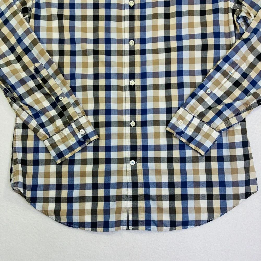 Banana Republic Mens Grant Fit Custom 078 Wash Shirt Blue Tan Check Gingham